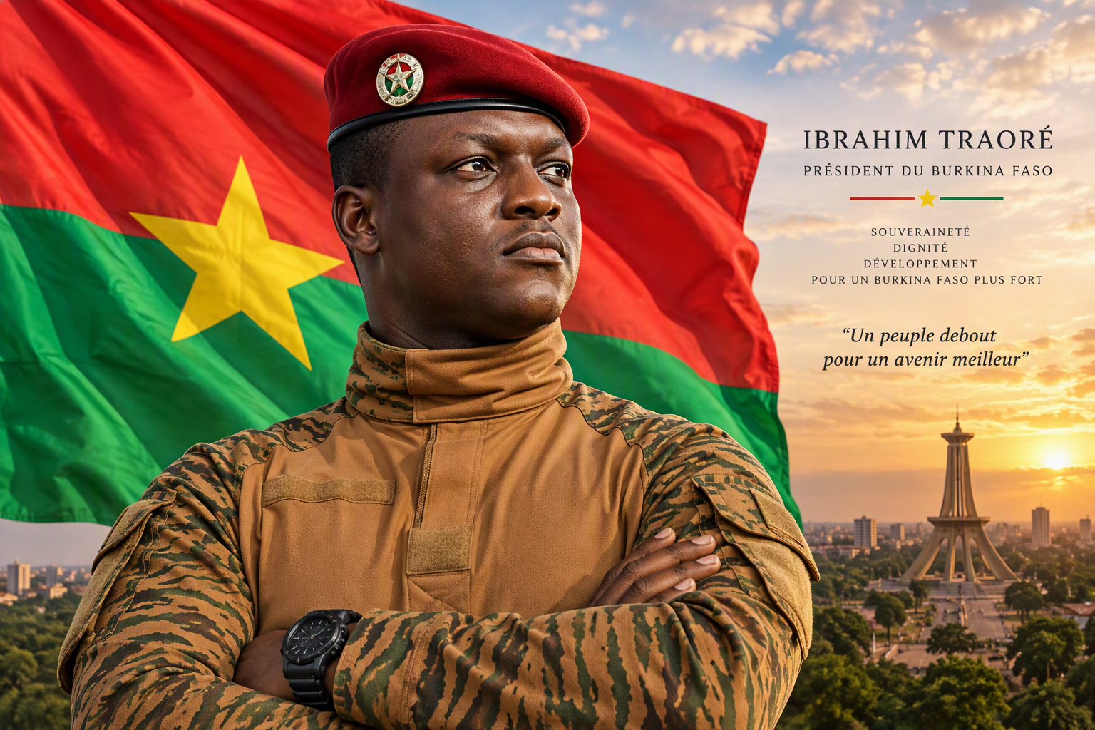 Le Capitaine Ibrahim TRAORÉ, Président du Faso, devant le drapeau du Burkina Faso, avec la devise souveraineté, dignité, développement.